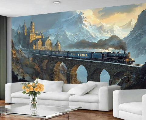 Retro Locomotive Wall Mural Steam Train Scene For Living Room Bedroom And Dining Room TV Backdrop Large 100 By 73 Inches