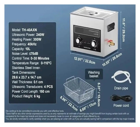 Huge 10 Liter Industrial Ultrasonic Cleaner With Heater And Digital Timer showing control panel and dimensions for deep cleaning carburetors and metal parts.