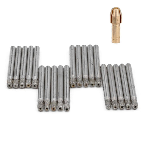 Pack of 20 razor sharp 2mm diamond drill bits for glass and tile with a brass adapter, 0.08 inch hole saw set.