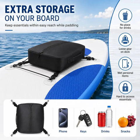 Front Deck SUP Storage Bag With Insulated Cooler Compartment for Tahoe Cascade 12ft 6in Paddle Boards on deck with essentials