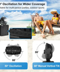Outdoor Portable Misting Fan With 9L Water Tank And 20000mAh Battery Three Speed Wind And Three Spray Mister Built In Light shown at the beach with oscillation feature and people relaxing nearby