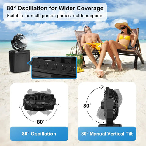 Outdoor Portable Misting Fan With 9L Water Tank And 20000mAh Battery Three Speed Wind And Three Spray Mister Built In Light shown at the beach with oscillation feature and people relaxing nearby
