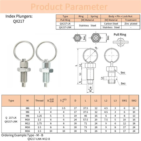 Pull Ring Positioning Pins With Retractable Index Plunger M8 Lock Nut Two Pieces QX217 LNK M6 diagram and specifications