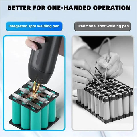 11 Gear Adjustable Handheld Spot Welder for Nickel Strip Welding Type C in use on battery, compared with traditional pen
