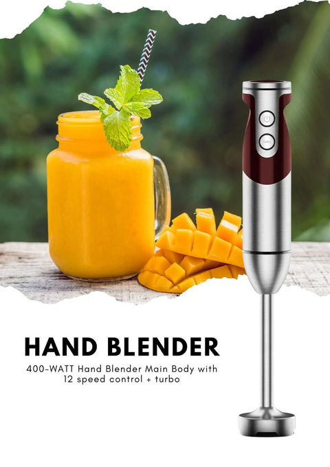Powerful 12 Speed Immersion Blender With Durable Stainless Steel Blades For Smooth Soups And Thick Shakes next to a fruity drink and mango slices.