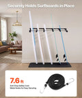 Keep Your Sick Gear Organized With This Heavy Duty Surfboard Wall Mount Vertical Paddle Board Rack Featuring Hella Secure Rubber Padding For Effortless Garage Storage And Zero Clutter Vibes, displaying four surfboards secured on a wall rack.