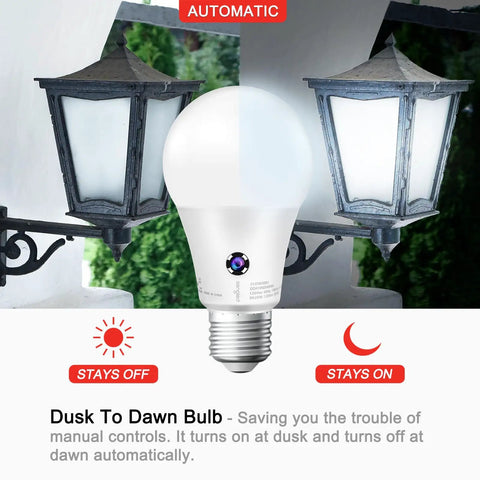 Dusk To Dawn Outdoor LED Light Bulb With Sensor, 75 Watt Equivalent, 1200 Lumens, 5000K Daylight, Auto On Off For Porch And Garage Lighting, A19 Bulb, 3 Pack shown with porch light