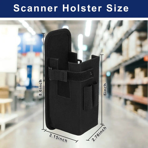 Universal Barcode Scanner Holster With Open Face Access, Belt Loop And Clip Attachment in warehouse, dimensions listed