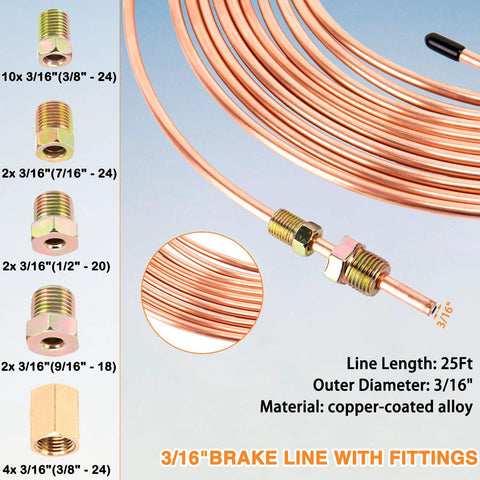 Brake line repair kit with 25 ft copper-coated brake line and assorted 3/16 in fittings and unions
