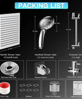 Packing list image showing the 8 Inch High Pressure Rainfall Shower Head With 11 Inch Adjustable Extension Arm, 9 Settings Handheld Showerhead Combo With Holder, Retractable 59 Inch Hose, Chrome Finish, Flow Regulator, Spa Like Shower Upgrade.