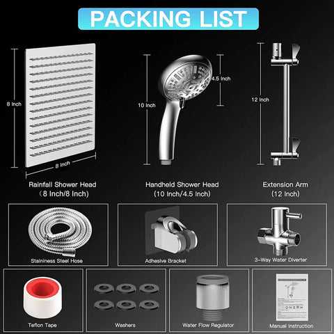 Packing list image showing the 8 Inch High Pressure Rainfall Shower Head With 11 Inch Adjustable Extension Arm, 9 Settings Handheld Showerhead Combo With Holder, Retractable 59 Inch Hose, Chrome Finish, Flow Regulator, Spa Like Shower Upgrade.