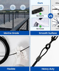 Illustration of features for 200 Ft One Eighth Inch Black Stainless Steel Cable Railing Kit For Indoor Outdoor Use With T316 Wire Rope 7x7 Strands 1800 Lb Breaking Strength Hardware Included Modern Black Railing System, including marine grade, smooth surface, flexible, and heavy duty