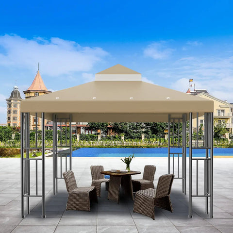 10x10 Ft Gazebo Replacement Canopy Top Cover Double Tiered For Outdoor BBQ Roof Cover Grill Shelter Brown UV Protected