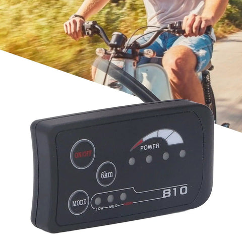 Real Time Battery Power Meter For Electric Bikes And Scooters With 4 Wire LED Display Panel 36V 48V, cyclist in the background