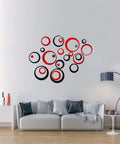 Living room with 24Pcs Acrylic Circle Mirror Wall Stickers Set For DIY Home Decor, Dope Black And Red Reflective Decals above sofa.