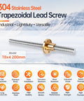 Straight Shooter T8 Acme Lead Screw Pair Matched With A High Precision Brass Nut For Ridiculously Smooth Linear Motion And 200Mm Stainless Steel Tr8X4 Two Start Thread Kit For Custom Rigs in 304 stainless steel with a brass nut.