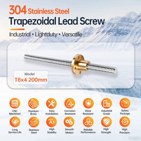 Straight Shooter T8 Acme Lead Screw Pair Matched With A High Precision Brass Nut For Ridiculously Smooth Linear Motion And 200Mm Stainless Steel Tr8X4 Two Start Thread Kit For Custom Rigs in 304 stainless steel with a brass nut.
