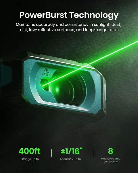S50 Green Laser Measure Kit With A 10.8 To 32 Inch Adjustable Tripod, Quarter Inch Thread Mount, P2P Alignment, And Dead On Accuracy For DIY, Construction, And Carpentry Projects. Green laser measure displaying 400 ft range and ±1/16 in accuracy