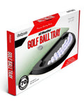 Packaging for All Weather Golf Ball Tray For Hitting Mats, 70 Ball Capacity, in durable black plastic, ideal for indoor or outdoor use