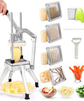 Front view of Ezcasch French fry cutter with stainless steel frame and four interchangeable blades (1/4, 3/8, 1/2, wedge) and accessories
