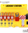 Worksite Ready Lockout Tagout Station Kit With 42 LOTO Devices displaying padlocks, tags, hasp on industrial grade board