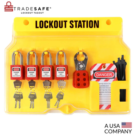 Worksite Ready Lockout Tagout Station Kit With 42 LOTO Devices displaying padlocks, tags, hasp on industrial grade board