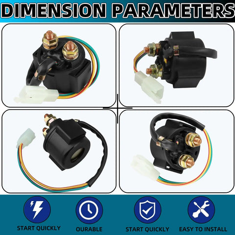 Heavy Duty Starter Solenoid Relay For 4 Stroke GY6 Engines 50cc To 250cc Fits ATV Scooter Dirt Bike Go Kart Quad Moped Pit Bike And Honda Roketa Taotao SunL Coolster SSR Clones Hassle Free Install, black relay with two terminals and wiring harness
