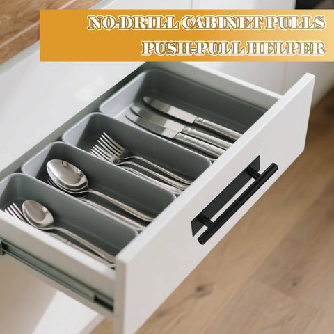 Push Pull Helper Self-Adhesive Cabinet Handles 30 Pack Black ABS Plastic on open kitchen drawer with cutlery