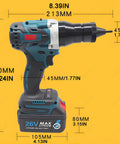 Top Tier Cordless Rivet Gun With Dual 26V Lithium Batteries And Seven Swap Out Tips Featuring Automatic Pin Ejection and Smart Digital Dashboard, side view dimensions detailed.