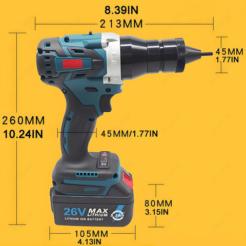 Slick Cordless Rivet Gun With Dual 26V Batteries And Seven Quick Swap Tips Featuring Push Button Auto Start and Crisp Digital Readout side view with dimensions.