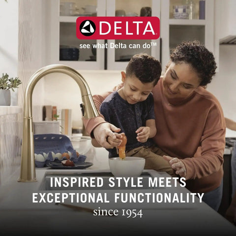 Mother and child using kitchen faucet in cozy kitchen setting with Delta logo above, showcasing brand message and functionality.