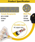 RV 50 Amp To 110V Adapter Cord With 4 Prong NEMA 14 50P Male Plug To Four 5 20R Household Outlets Dust Protection Caps Specification