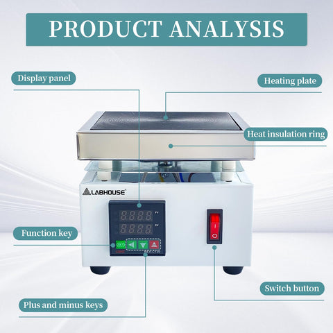 Digital Cast Iron Lab Hot Plate 110V 1000W with microcomputer control showing function keys and heating surface analysis