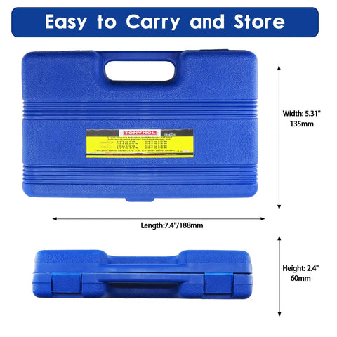 Impact Socket Adapter And Reducer Set With Universal Joint Swivels, Eleven Piece Kit From One Quarter Inch To One Inch Drive, CrMo Steel, Storage Case, Pro Grade For Auto Repair, Maintenance And DIY Projects, blue case shown with dimensions