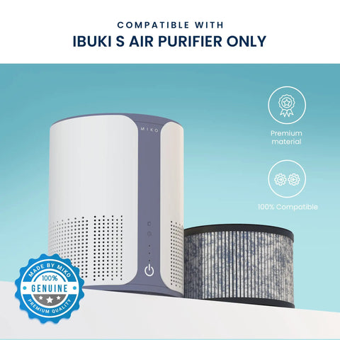HEPA Air Filter Replacement For Ibuki Air Purifier Compatible With H13 Model C102 circular filter next to white purifier