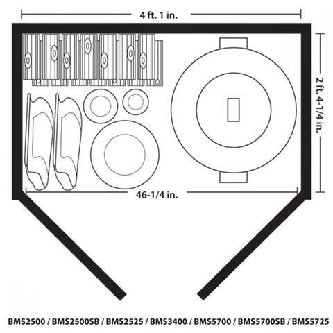 Top view diagram of Horizontal Outdoor Storage Shed for trash cans and gear, 34 cu ft capacity, showing interior layout.