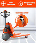 Tory Carrier Full Electric Pallet Jack 3300 Lb Capacity with removable battery feature and handle for easy maneuvering.