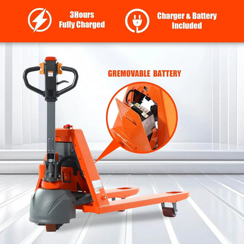 Tory Carrier Full Electric Pallet Jack 3300 Lb Capacity with removable battery feature and handle for easy maneuvering.