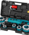 Upgraded 2300W Electric Pipe Threader With Pure Copper Motor And Aluminum Alloy Head in a case with multiple threading dies.