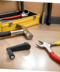 Lurrose Premium Plastic Crank Handle With 12Mm Hole Ergonomic Grip next to tools in a workshop setting on a wooden surface.
