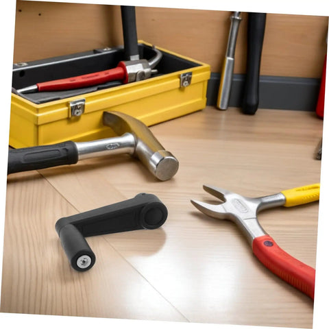 Lurrose Premium Plastic Crank Handle With 12Mm Hole Ergonomic Grip next to tools in a workshop setting on a wooden surface.