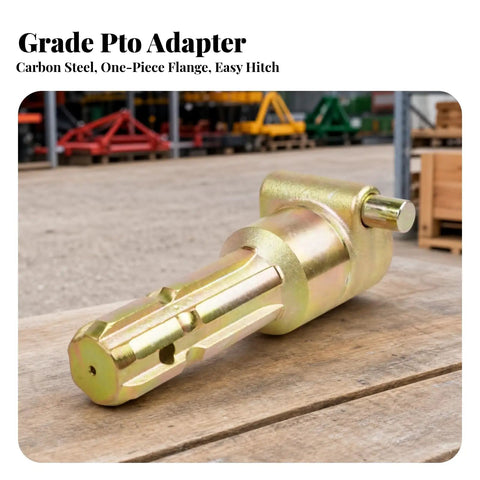 Heavy Duty Tractor PTO Adapter With Push Pin Locking Mechanism And Premium Splined Shaft For Farm Equipment Power Takeoff Hookup and Hardworking Driveline Setup, carbon steel, close-up view.