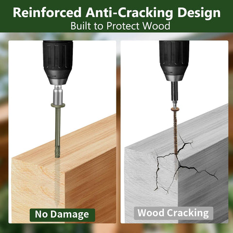 Comparison of Tough-As-Nails Heavy-Duty Exterior Timber Screws usage showing no damage vs wood cracking during installation.
