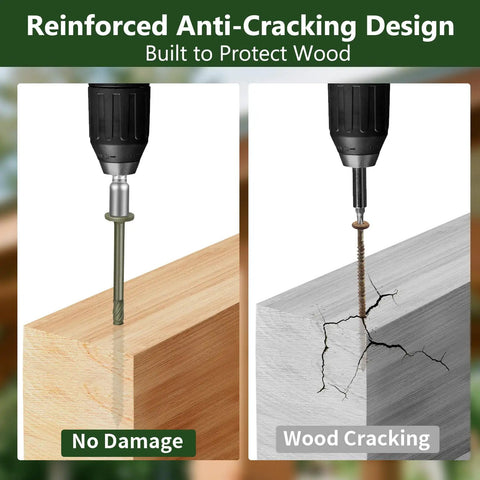 Heavy-Duty #14 Timber Screws With Hex Socket Heads, Green Zinc Coated Rust Resistant Finish, anti-cracking design in use.