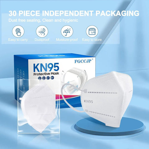 30 Pack KN95 Face Masks Individually Packed For Safe Everyday Use Five Layer Cup Design With Breathable Comfort Displayed