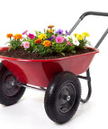 Heavy Duty Dual Wheel Wheelbarrow Garden Cart With Built In Stand For Yard And Garden, red cart with flowers and soil