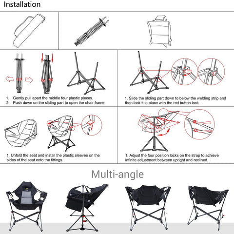 Assembly instructions for Hammock Camping Chair Set Outdoor Folding Rocker Lawn Seats With High Back And Stand, illustrated steps.