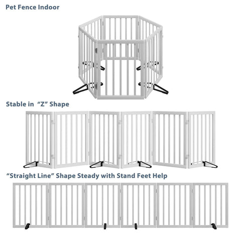 Extra Wide Wooden Dog Gate For Doorways 110 Inches Freestanding With 4 Support Stands, foldable in hexagon and line shapes
