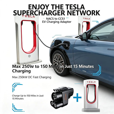 Blazing Fast Nacs To Ccs1 Ev Charging Adapter connected to Tesla Supercharger, showing 250Kw DC power charging capability.