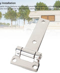 Close-up of 304 stainless steel T-shaped door hinge with mounting holes for RV van cabinets.
